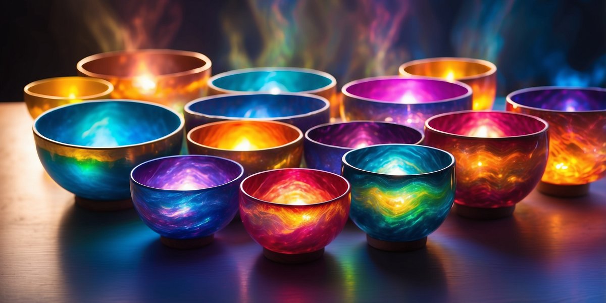 A cluster of crystal singing bowls of different sizes on a dark table, each glowing a different color, with wisps of colored light rising from the rims.