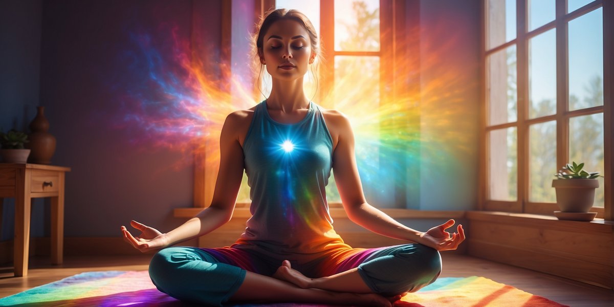 A woman sits cross-legged in meditation on a rainbow mat beside a sunlit window, hands open on her knees, with a bright blue point of light at her chest and colored light spreading behind her.