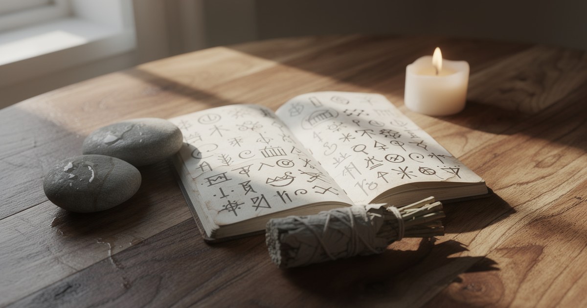 An open notebook filled with handwritten rows of symbols on a sunlit wooden table, with two smooth gray stones, a tied bundle of dried white sage, and a lit candle behind.