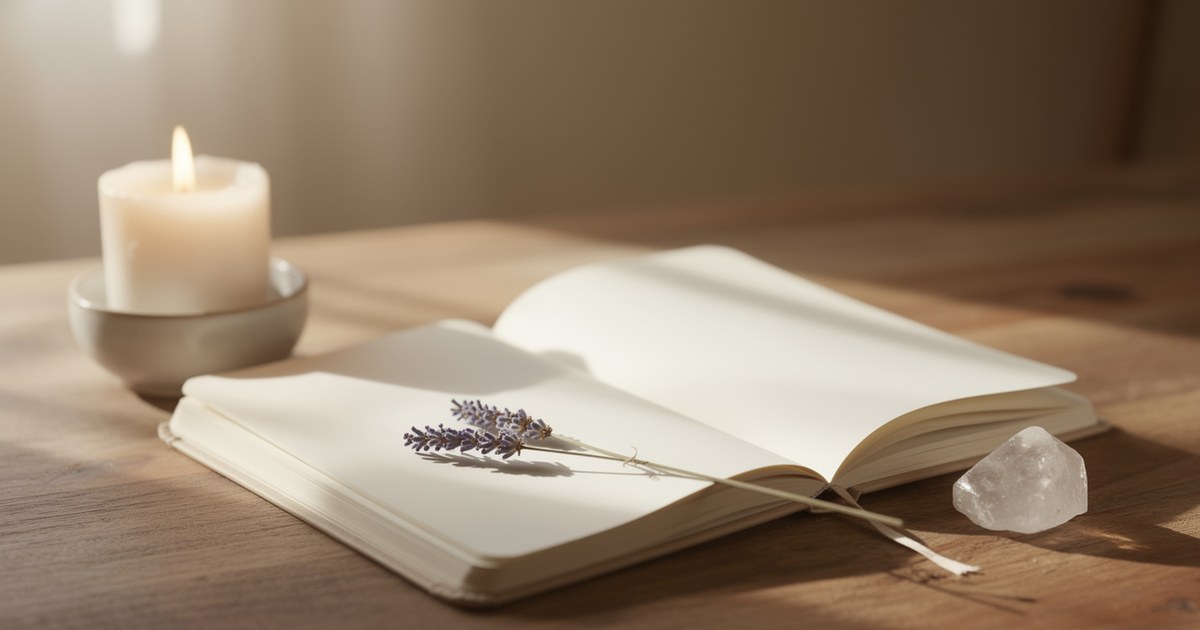 An open blank journal on a wooden table with a sprig of dried lavender across the page, a lit white candle, and a raw clear quartz crystal.