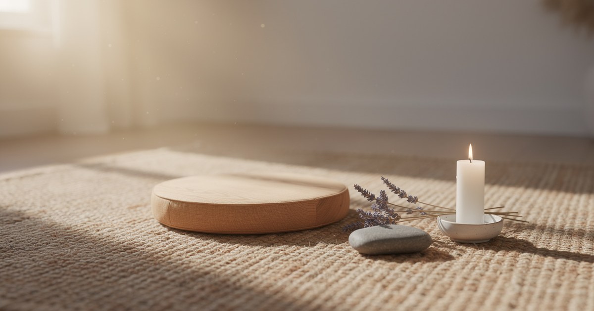 A round meditation cushion on a woven mat in a sunlit room, with a lit candle in a dish, a sprig of dried lavender and a smooth gray stone resting on the floor beside it.