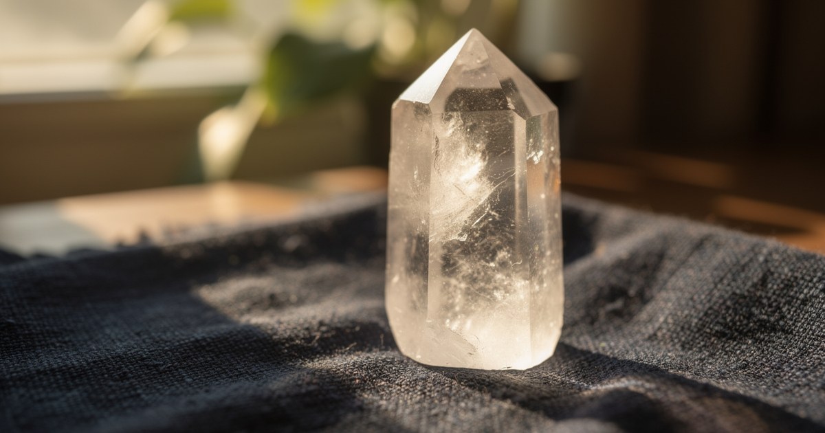 A single polished clear quartz point standing upright on dark gray linen cloth in window sunlight, with a blurred green houseplant behind it.