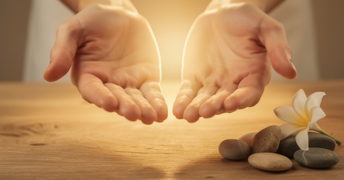 Two open hands held palms-up above a wooden surface with warm light between them, beside a small stack of smooth gray stones and a white frangipani flower.