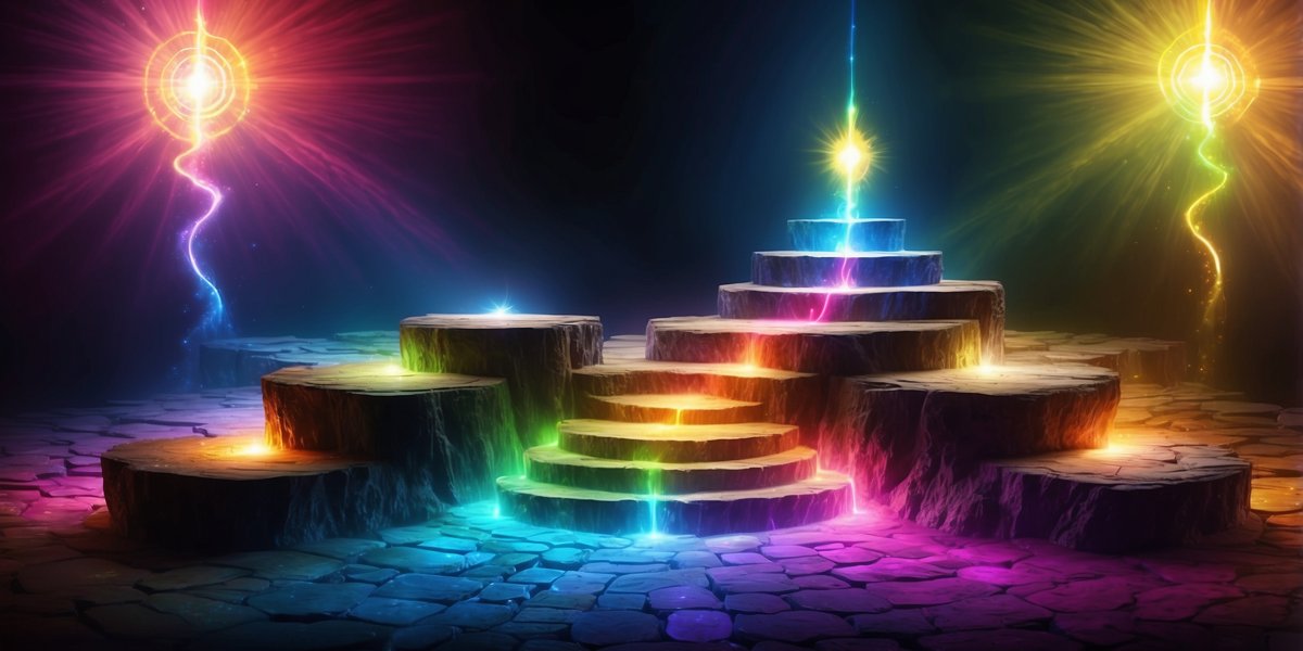 Tiered round stone platforms rising like a staircase, each step lit a different rainbow color, with glowing orbs of light above them on a cracked stone floor in darkness.