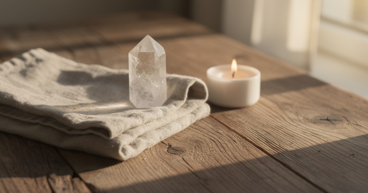 A clear quartz point standing upright on a folded cream knit cloth on weathered wooden boards, beside a lit tealight candle in bright sunlight.
