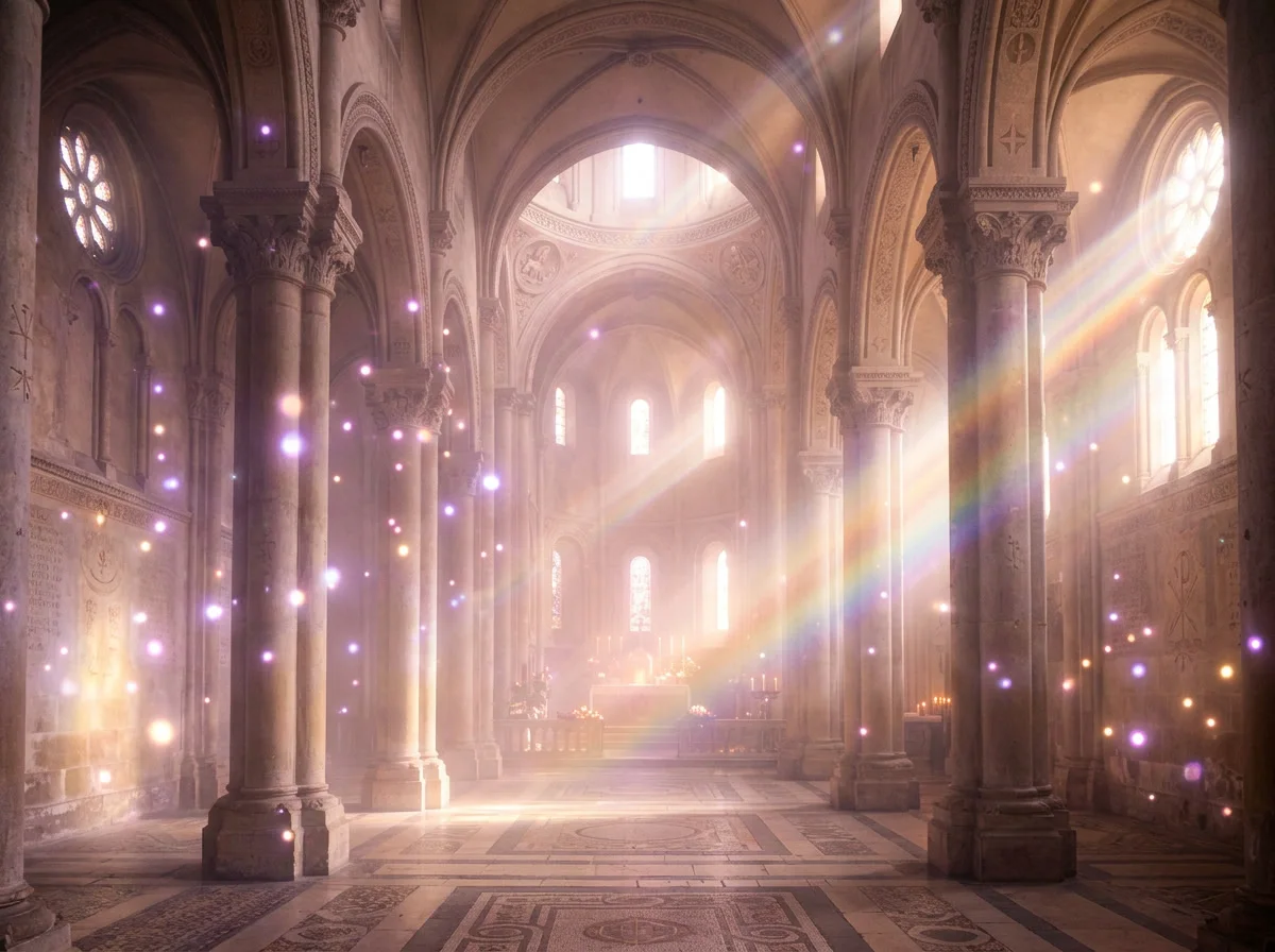Ethereal light-filled sacred sanctuary with glowing orbs of violet and gold